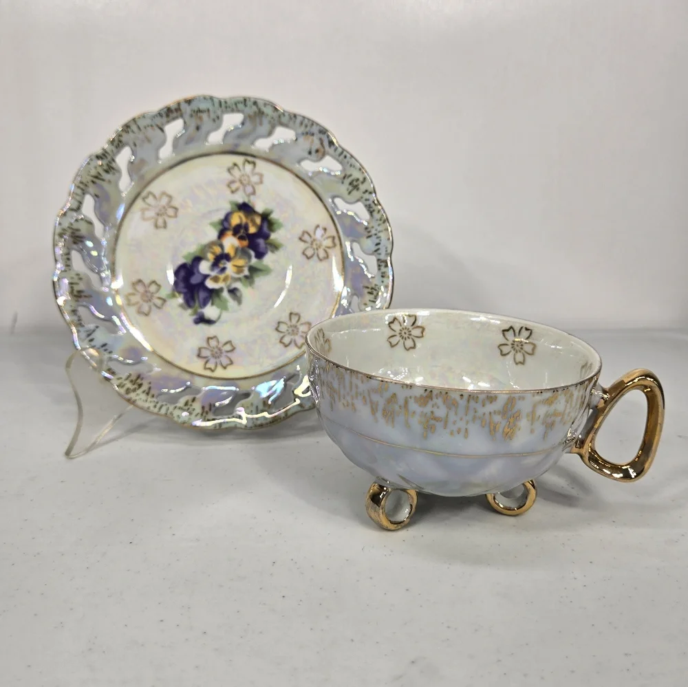 Vntg Lusterware‎ Footed Cup Pierced Saucer Gold trim B. P. Import Japan ART DECO